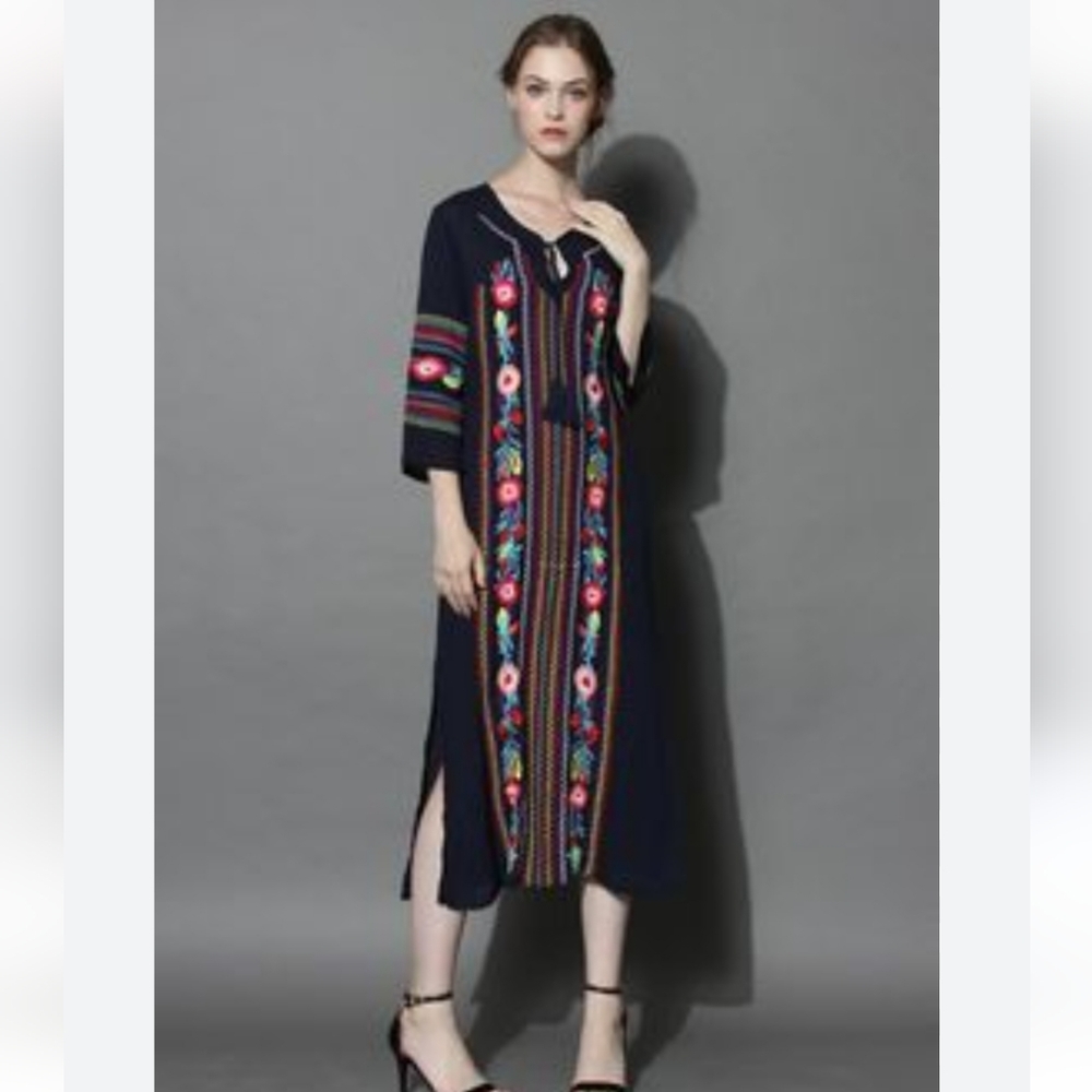 BOHO BLOSSOM MAXI CREPE DRESS IN NAVY with EMBROIDERY